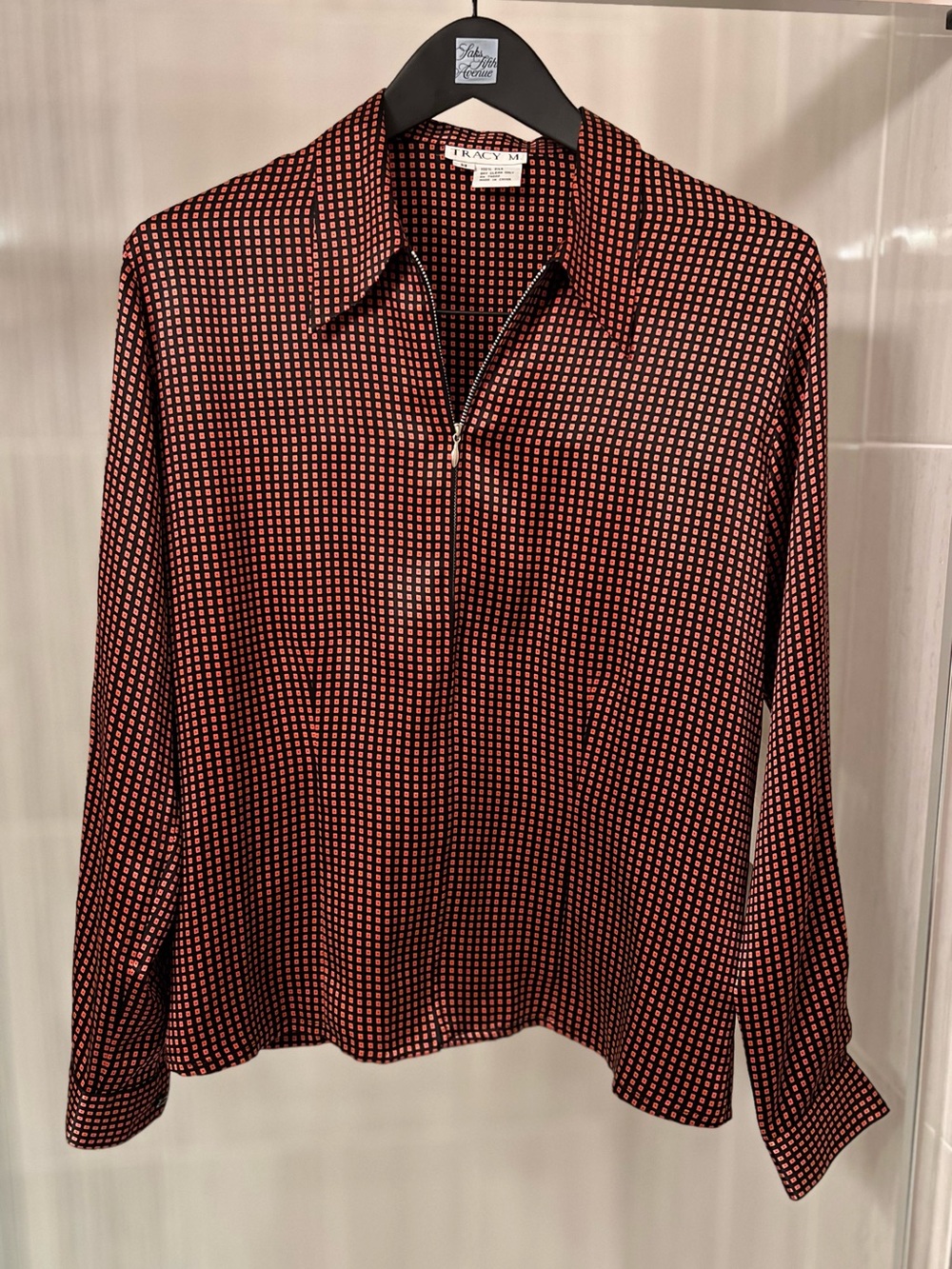 Vintage Tracy M 100% Silk Zip Front Shirt Jacket Geometric Pattern